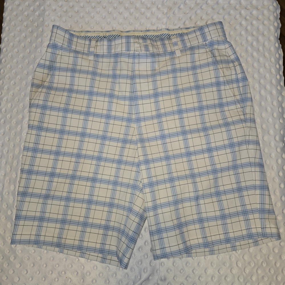 FootJoy FJ Blue White Black Plaid Flat Front Polyester Spandex Golf Shorts Sz 34